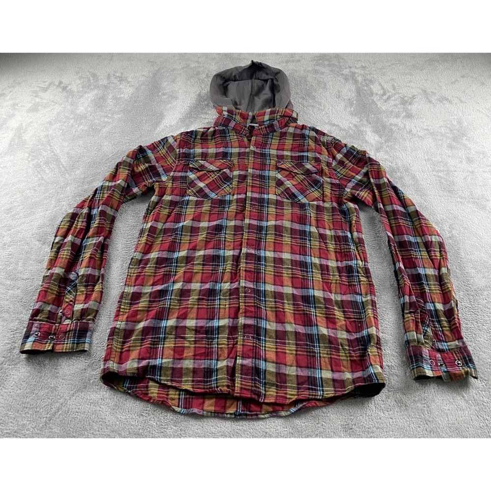 Shawn White Mens XL Hooded Flannel Shirt Red Plaid Snap Button Long Slv Skater